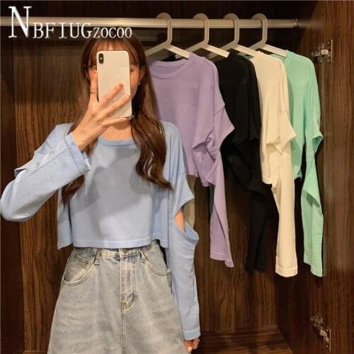 2020 New Korean Hollow Sleeve Women T Shirt Short Style Knitting Female Tee Shirts