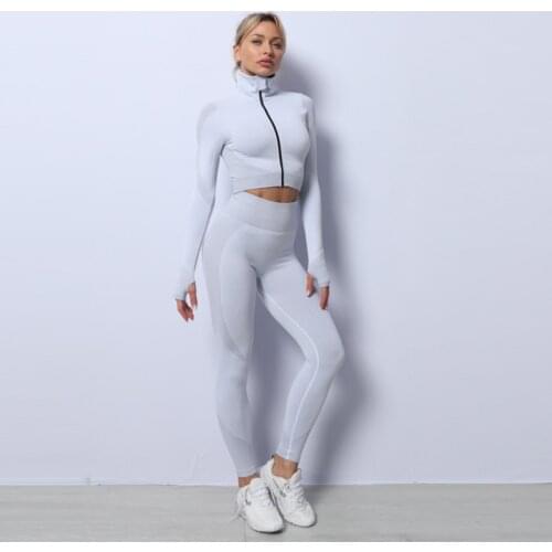 Wholesale Ladies Stretchy Running Training Fitness Womens Gym Leggings High Waist Seamless 2 Piece Yoga Set