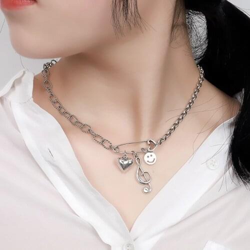 YIZIZAI Smiley Heart Lock Music Note Necklace Women Infinity Love Charm Pendant Necklace Stainless Steel Jewelry