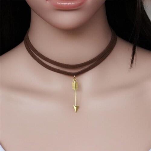 New Fashion Gold Arrow Pendant Necklaces Vintage Double Layer Black Brown Velvet Chain Choker Necklace for Women Jewelry Gifts