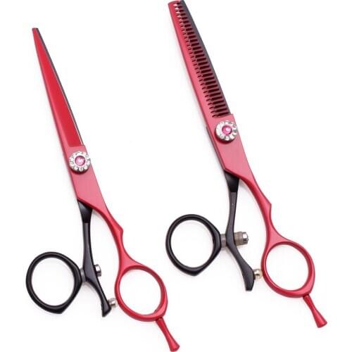 Barber Scissors 5.5" JP 440C Cutting Scissors Thinning Shears Hairdresser Scissors Rotated Handle Customize Logo Red&Black C9019