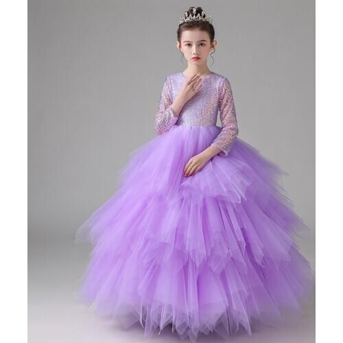 Flower Girl Dress Illusion O-Neck Sequined Princess Floor-Length Tulle Lace Full Luxury Purple Elegant Cute Kids Party Gown H236