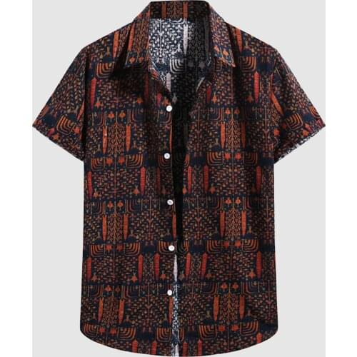60# Harajuku Shirt Mens Casual Hawaiian Bohemian Print Shirt Short Sleeve Turn-down Collar Shirts Men Clothing Camisa Masculina