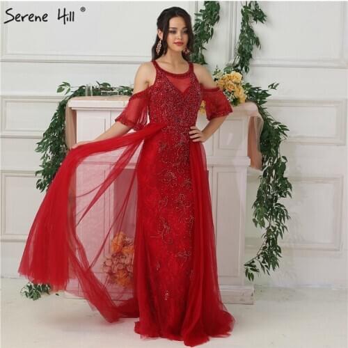 Sexy Cut Back Short Sleeves Evening Dresses 2020 See through Beaded Mermaid Long Prom Dress Party Dubai Robe De Soiree BLA6691