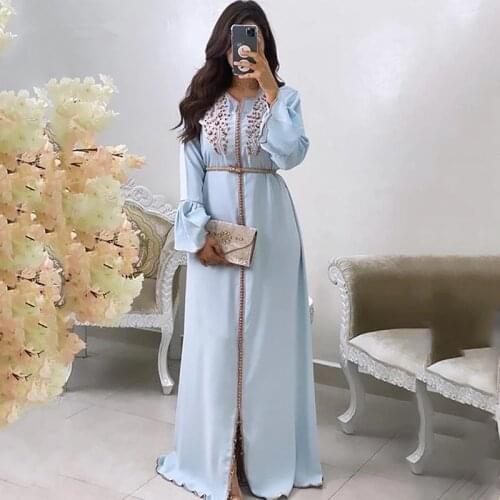 Blue Moroccan Kaftan Caftan Muslim Evening Dresses A-line Long Sleeves Chiffon Beading Dubai Arabic Turkey Abaya Islamic Gown