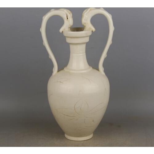 Song Dynasty Ding Kiln Hand-Carved White Glaze Double Dragon Vase For Collection