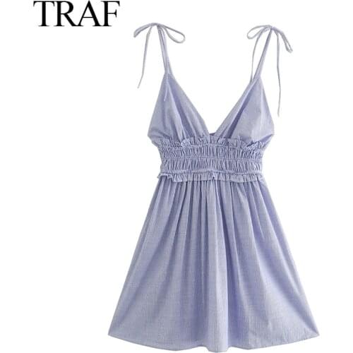 WESAY JESI Womens Clothes Summer Striped Mini Dress Sleeveless Elastic Waist Casual Sundress Female Vintage Ruffle Bow Dresses