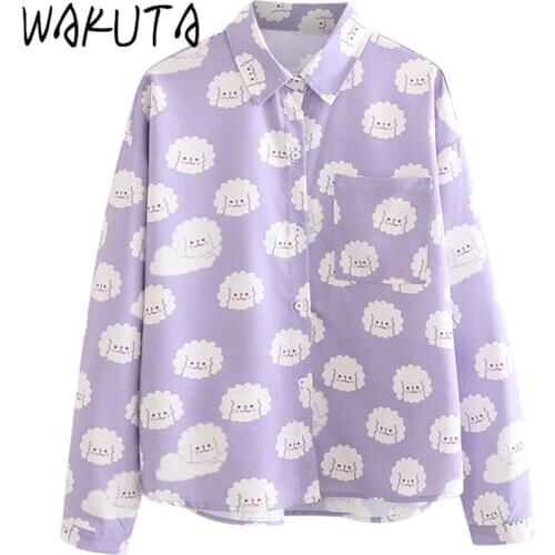 WAKUTA Japanese Soft Girl Style Kawaii Sheep Printed Tops Teens Sweet Purple Blouses Korean Harajuru Spring Cute Loose Chic Tops