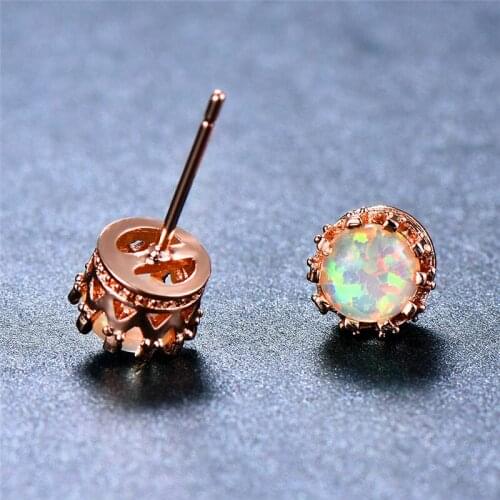 Bamos 6MM White/Blue Fire Opal Stud Earrings Princess Crown Earring For Women Rose Gold Filled Luxury Jewelry Bridesmaid Gift