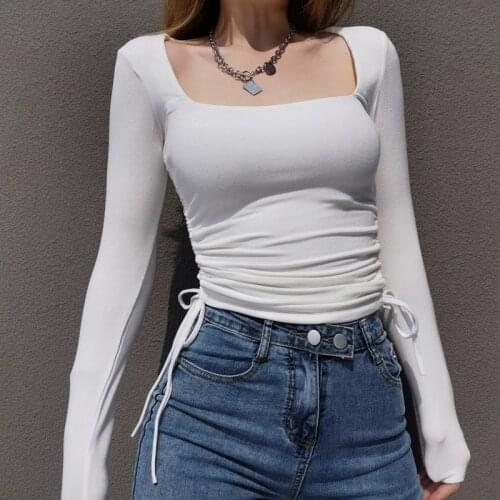 Women Square Collar Ruched Side Long Sleeve Top