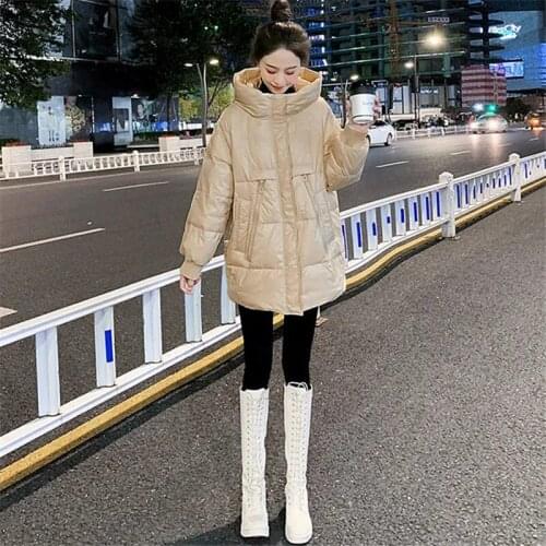 Winter Womens Parker Cotton Clothing Version Of The New Solid Color Hooded Bright Surface Loose Zipper Long Sleeve Coat Jacket