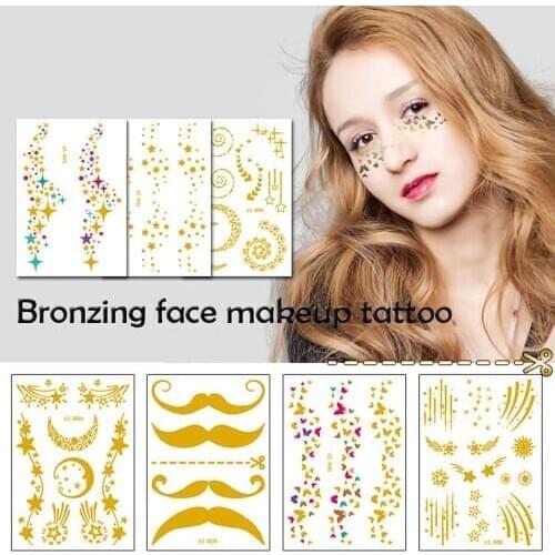 1Pack Gold Face Tattoo Flash Tattoo Fashion Waterproof Blocked Freckles Make Up Body Art Stickers Eye Decals Bride Tribe Party