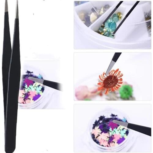 1 Pc Stainless Steel Nail Tweezers Straight Curved Angle Head Rhinestone 3D Sticker Curved Tweezers Professional Makeup Tools