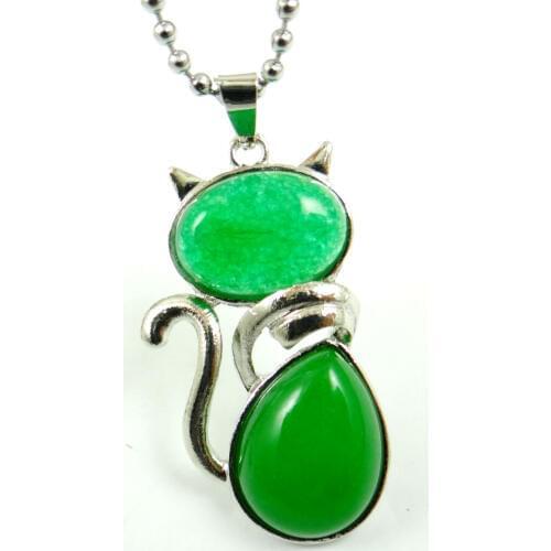 Natural Stone aventurine Quartz Crystal beads Pendant Cute Cat Shape pendant with Chain for Girls Women Jewelry necklace 1PC