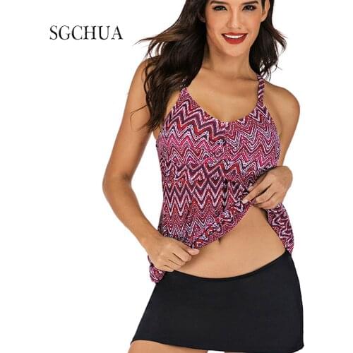 2021 Plus Size Tankini Set Swimdress Vintage Print Swimwear Women Swimming Suit Black Swimsuit With Skirt Bathing Suit S-5XL