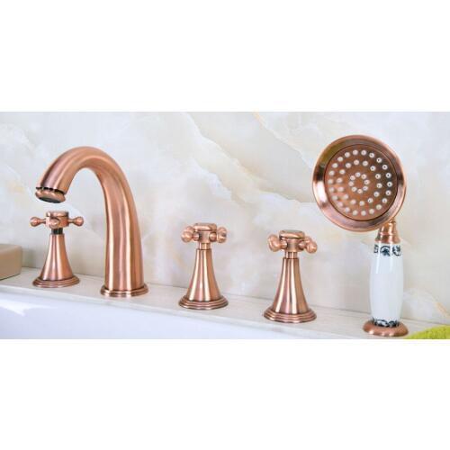 Antique Red Copper Brass Deck 5 Holes Bathtub Mixer Faucet Handheld Shower Widespread Bathroom Faucet Set Basin Water Tap atf206