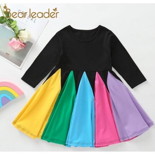Bear Leader Girls Dress Long Sleeve Casual Children Clothing Patchwork Rainbow Stripes Dress Cotton Kids Girl Princess Costumes