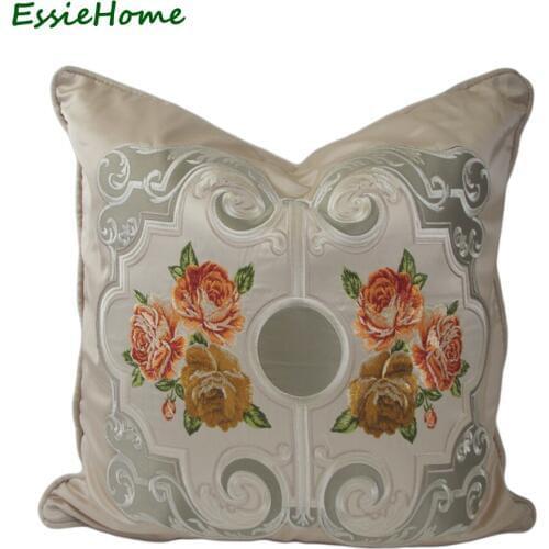 ESSIE HOME Luxury Nude Champagne Faux Silk Cushion Cover Pillow Case With Piping Embroidery Rose High End Pillow Cushion