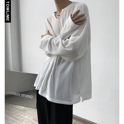 Spring Autumn Mens Korean Streetwear Solid Color V-Neck Long Sleeve T shirts Male Loose Basic Tees Women Casual All-Match Tops