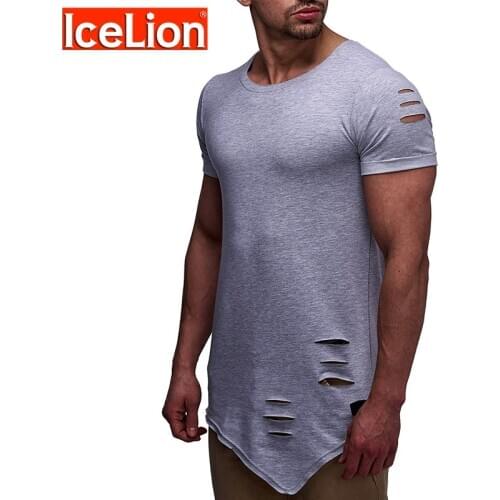 IceLion 2021 New Spring Irregular Hole T Shirt Men Casual Long Fitness T-shirt Summer Short Sleeve Solid Slim Fit Mens Tshirt