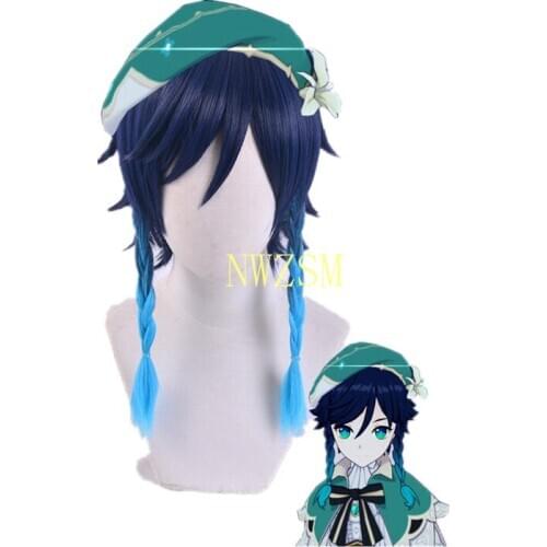 Genshin Impact Venti Gradient Blue Short Braided Cosplay Heat Resistant Synthetic Hair Halloween Carnival Party + Free Wig Cap