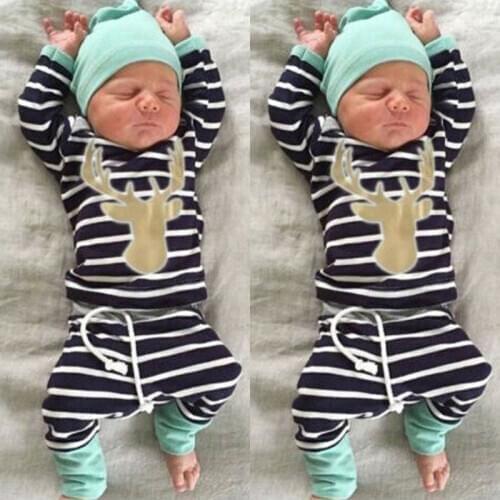 3PCS Newborn Baby Boys Clothes Sets Striped Long Sleeve Tops + Long Pants+Hat Outfits Baby Autumn Winter Clothing 0-18 Months