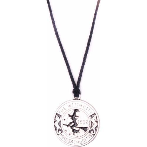 WITCH pendant magic amulet Salem witch 1692 moon cat broom wax rope necklace