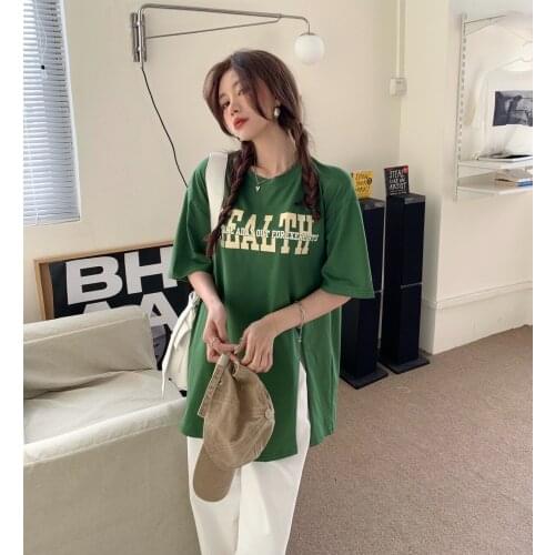 Summer ins personality letter T-shirt loose casual students age reduction split top loose round neck all-match