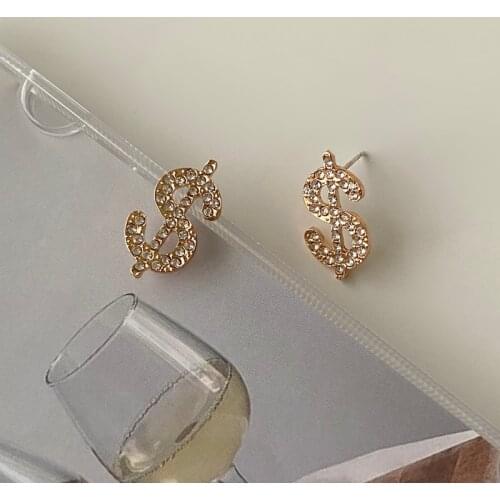 Personality Super Shiny Rhinestone Dollar Pendant Drop Earrings for Women Charm Statement Earrings Fashion Jewelry Gift