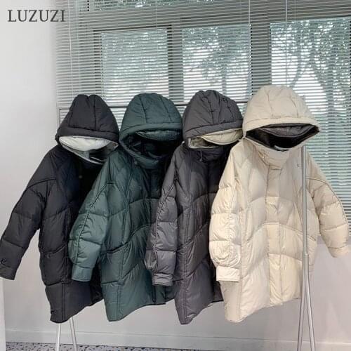 LUZUZI 2021 New Winter Women 90% White Duck Down Coat Puffer Jacket Loose Oversized Medium Woman Parkas Thick Warm Snow Outwear