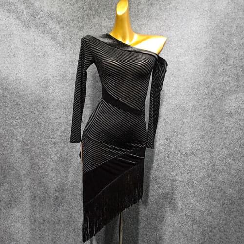 2020 New Black Long Sleeve One Side Shoulder Latin Dance Dress Dancing Performance Women Dress Ballroom Samba Tango LW406