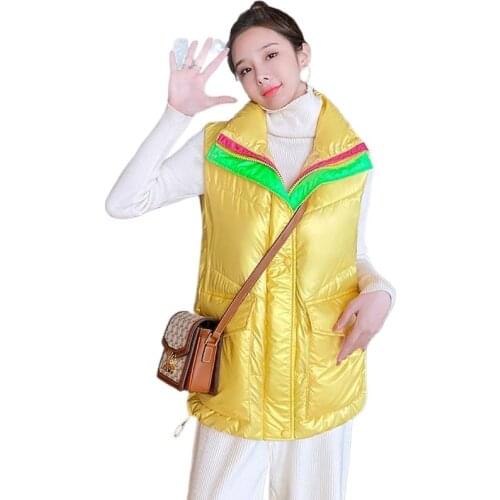 New Snow Wear Autumn Winter Cotton Vest Coat Women Stand Collar Winter Waistcoat Glossy Warm Sleeveless Vest Jacket