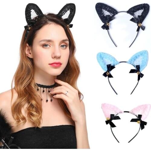 New Fashion Lace Cat Ears Headband with Bell Hair Accessories Halloween Cosplay Party Headwear for Women Sexy Costume Props