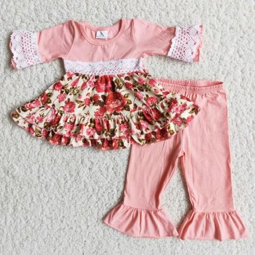 Girl Fall Outfit 3/4 Sleeve Tunic Lace Decoration Pink Cotton Pants Baby Kids Boutique Clothing