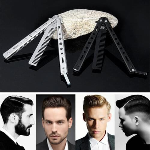 Stainless Steel Comb Foldable Practice Butterfly Training Cutter Hair Trimmer Comb Brush Accessories Mens Pocket Knife Comb Tool
