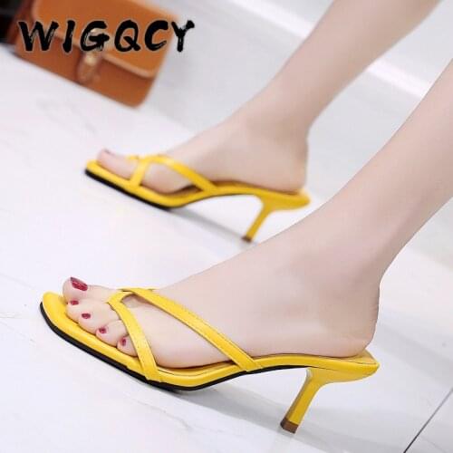 Summer Slippers Women Sandal High Heels Women High Heels Flip Flops Square Toe Slides Party Shoes Lady Black Thin Heels Sandals