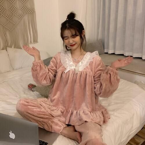 Pajamas women autumn winter Korean princess style home clothes sweet lace bathrobe set solid color plus size robe pijamas women
