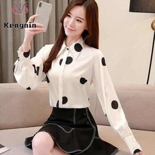 2021 Spring Autumn Women Chiffon Blouse Korean Chic Dot Print Ladies Shirt Loose Elegant Female Tops Chiffon Beige Blause KN13