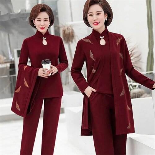 Womens 2021 Spring Autumn Elegant Three Piece Sets Floral Printed Long Coat + Short Top And Loose Pants Suits Plus Size 4XL 2344