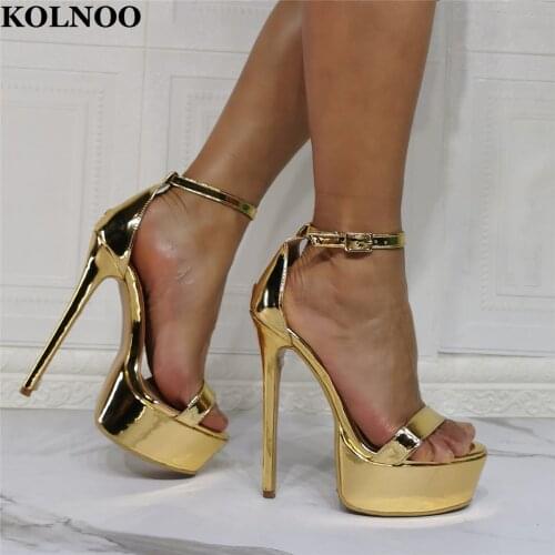 Kolnoo New Designed Handmade Womens High Heels Sandals Gold Faux-Leather Sexy Platform Party Prom Evening Fashion Summer Shoes