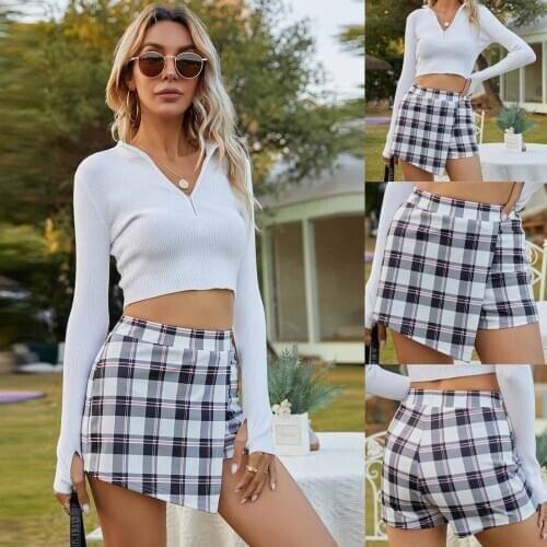 Woman harajuku skirts European And American Fashion Womens Plaid Asymmetric Micro Stretch Pants Skirt High-waisted skirt