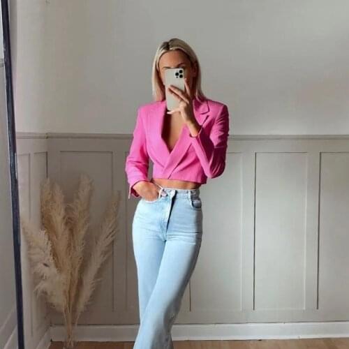 JUNWU Summer Womens Pink Short Blazer Long Sleeve Asymmetrical Design Dark Button Suit Collar Short Top Za Sweet Street Style