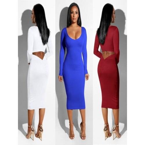2020 Autumn Womens Dresses Long Sleeve Sexy Pleated Hollow Nightclub Dress Solid Color Slim Sheath Dress Elegant One-step Skirt