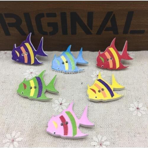 50pcs 27x22mm Fish Shaped Wood Buttons For Scrapbooking Embellishments Baby Cartoon Sewing Accessories CRAFTS 2 Holes Bu