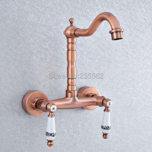 Antique Red Copper Brass Wall Mounted Bathroom Kitchen Sink Faucet Swivel Spout Mixer Tap Double Ceramic Handles Levers Lsf905