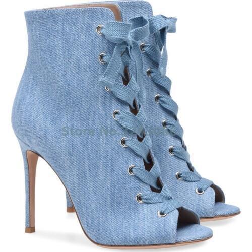 Denim Blue Peep Toe Cross Tied Ankle Boots Black Silk Open Toe Lace Up Women Shoes Pointed Toe Basic Thin High Heel Boots