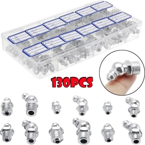130Pcs Hydraulic Grease Nipples Imperial BSP UNF M6 M8 M10 45° Galvanized Metal Grease Nipple Fitting Assortment Kits Fitting