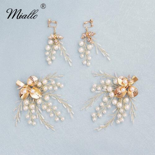 Miallo Gold Flower Austrian Crystal Wedding Hair Jewelry Accessories Handmade Bridal Hair Clips with Earrings Women Bride'Tiaras