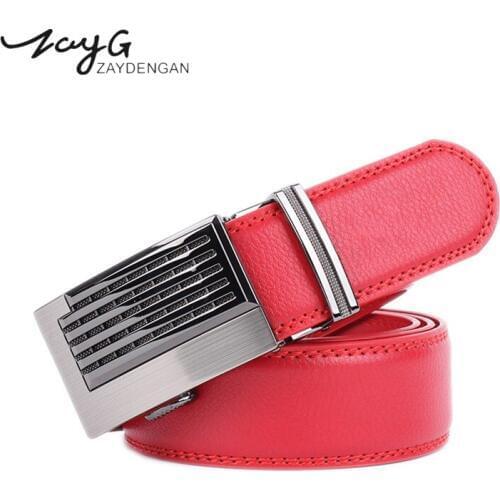ZAYG Men Metal Alloy Automatic Buckle Belts Genuine Leather Cowskin Red Belt Male High Quality Business Buckle High-grade Belt