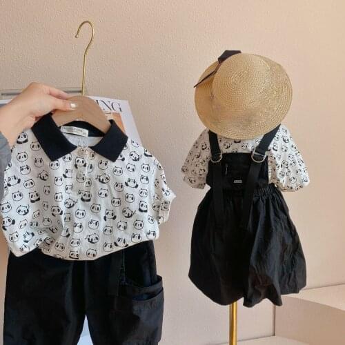 Siblings Wear 2021 Summer New Childrens Korean Western Style Suit Boys Two-piece Girls T-shirt Strap Skirt Trend